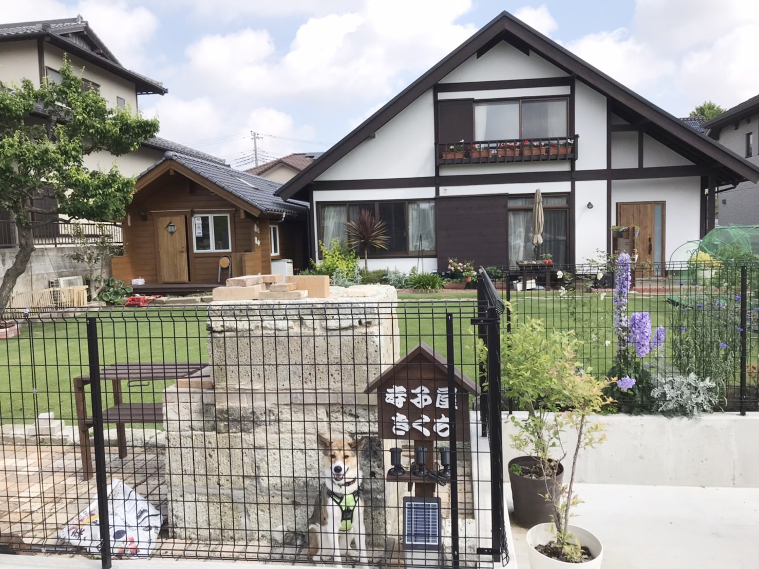 寺子屋きくち。茨城県ひたちなか市のアットホームな学習塾。飼っている犬も写った外観の様子です。